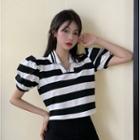 Striped Collared Puff-sleeve T-shirt Stripes - Black & White - One Size