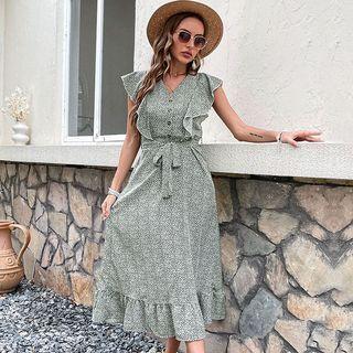 Cap-sleeve Floral Ruffle Midi Smock Dress