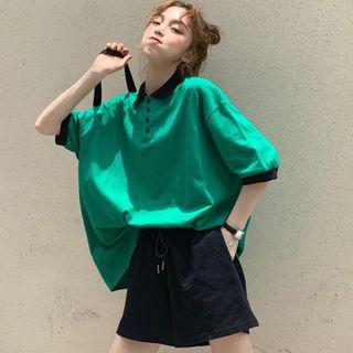 Elbow-sleeve Contrast Trim Polo Shirt / Drawstring Shorts