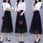 Set: Elbow-sleeve Knit Top + Midi A-line Mesh Skirt