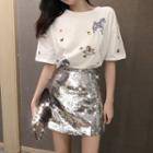Short-sleeve Embroidered T-shirt / Sequined Mini Skirt