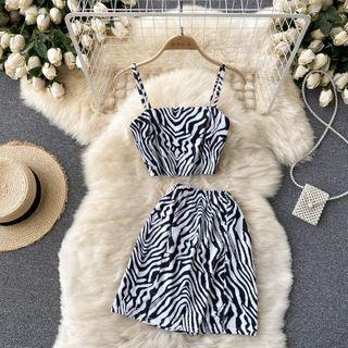 Set Of 2: Zebra Print Suspender Top + A-line Skirt