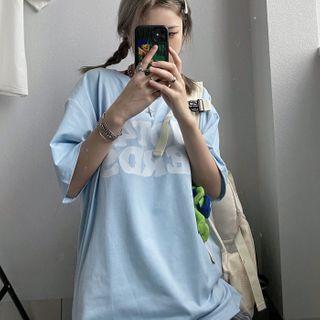Short-sleeve Round Neck Lettering T-shirt Light Blue - One Size