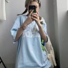 Short-sleeve Round Neck Lettering T-shirt Light Blue - One Size