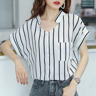 Short-sleeve Striped V-neck Shirt