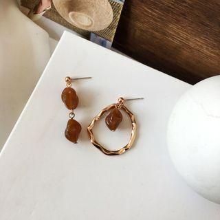 Resin Asymmetrical Alloy Dangle Earring 1 Pair - Asymmetric - Gold & Brown - One Size