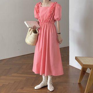 Puff-sleeve Ruffled Trim A-line Midi Dress Pink - One Size