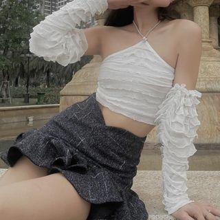 Set: Halter-neck Shirred Top + Arm Sleeves