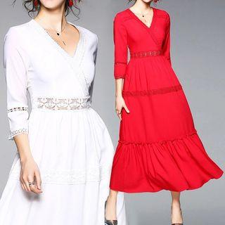 Lace Trim 3/4-sleeve A-line Midi Dress