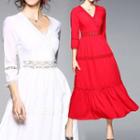 Lace Trim 3/4-sleeve A-line Midi Dress