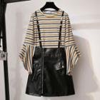 Long-sleeve Frill Trim Striped Knit Top / Faux Leather A-line Mini Suspender Skirt