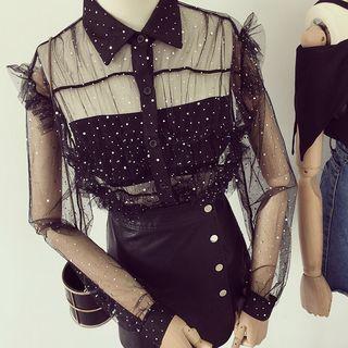 Sequined Mesh Long-sleeve Top