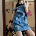 Bear Print Denim Mini Sheath Overall Dress Blue - One Size
