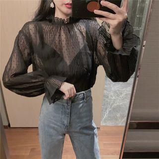 Frilled Trim Long-sleeve Top Black - One Size