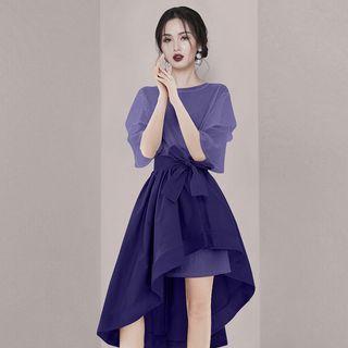 Elbow-sleeve Tie-waist Irregular A-line Dress