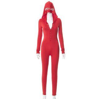 Long-sleeve Lettering Hooded Jumpsuit
