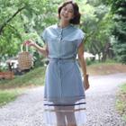 Set: Mandarin-collar Denim Long Shirt + Band-waist Tulle Skirt Light Blue - One Size