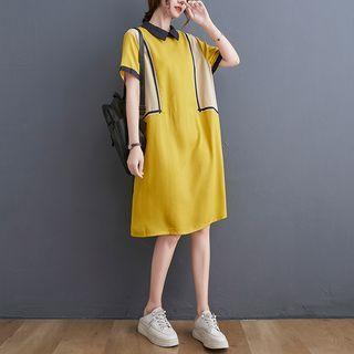 Polo-neck Color Block Shirt Dress
