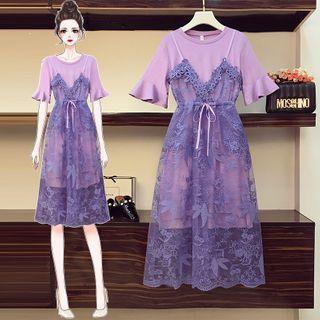 Set: Short-sleeve T-shirt + A-line Lace Pinafore Dress