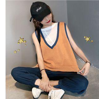 Sleeveless T-shirt / Contrast Trim Vest / Cropped Harem Pants