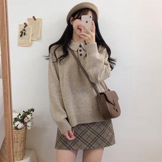 Set: Collared Sweater + Mini Plaid A-line Skirt