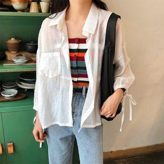 Striped Buttoned Knit Camisole / Tie-cuff Shirt