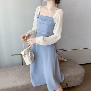 Square Neck Panel Midi A-line Dress