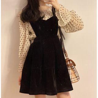 Long-sleeve Dotted Chiffon Blouse / Plain Velvet Pinafore Dress