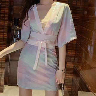 Elbow-sleeve Gradient Mini Sheath Dress