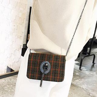 Wool Plaid Fringed Shoulder Bag