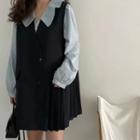 Long-sleeve Frill Collar Blouse / Pleated Mini Shift Overall Dress