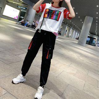 Short-sleeve Lettering T-shirt / Cargo Harem Pants / Set