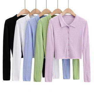 Long Sleeve Collar Pointelle Knit Cardigan