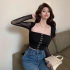 Mesh-sleeve Hook-and-eye Front Top Black - One Size