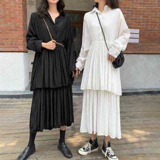 Collared Long-sleeve Layered A-line Midi Dress