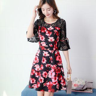 Lace Panel Flower Print Elbow-sleeve A-line Dress