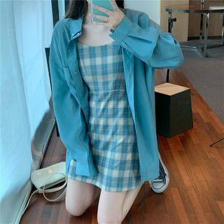 Long-sleeve Shirt / Spaghetti Strap Plaid Mini Sheath Dress