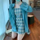 Long-sleeve Shirt / Spaghetti Strap Plaid Mini Sheath Dress