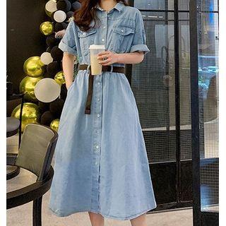 Short-sleeve Denim A-line Midi Shirtdress