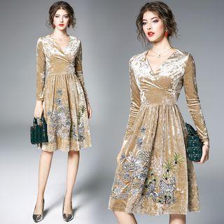 Embroidered Velvet V-neck Long-sleeve A-line Dress