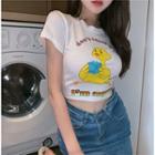 Short-sleeve Cartoon Print Cropped T-shirt White - One Size