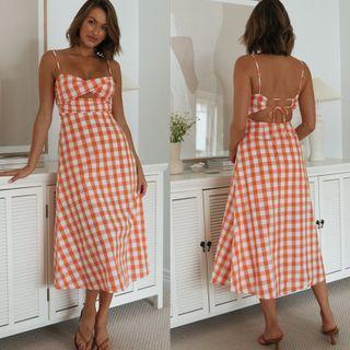 Spaghetti Strap Gingham Open Back Midi A-line Dress
