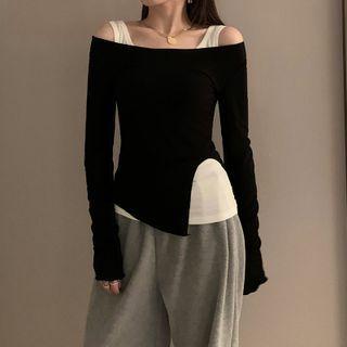 Long-sleeve Off-shoulder Mock Two-piece Asymmetrical Top Black - One Size