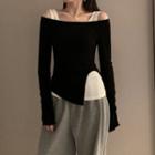Long-sleeve Off-shoulder Mock Two-piece Asymmetrical Top Black - One Size