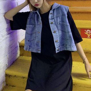 Short-sleeve T-shirt Dress / Denim Vest