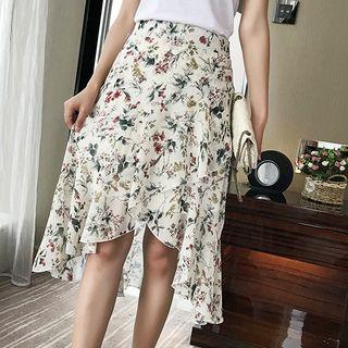 Floral Print A-line Asymmetrical Chiffon Skirt