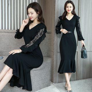 Lace-sleeve Sheath Midi Dress