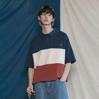 Polo Collar Color-block Short-sleeved Top