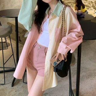 Color Panel Long-sleeve Shirt Pink & Yellow - One Size