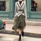 Plaid Blazer With Waist Belt / Mesh Layered Skirt